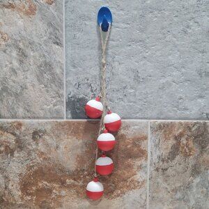 5 Wood Bobbers On Jute Rope Distressed Red & White Fish Net Floats Decor